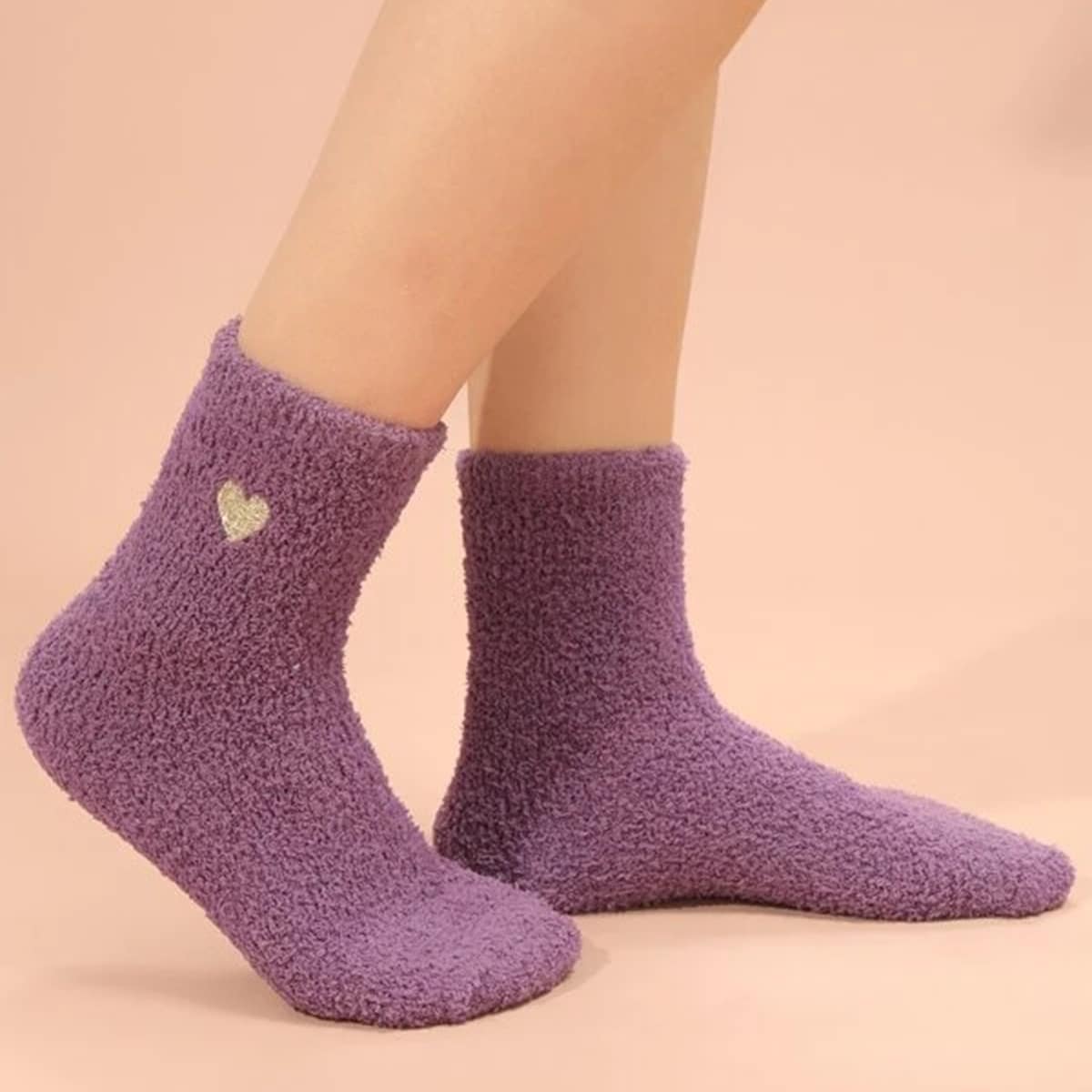 

Heart Embroidery Fuzzy Socks, Purple