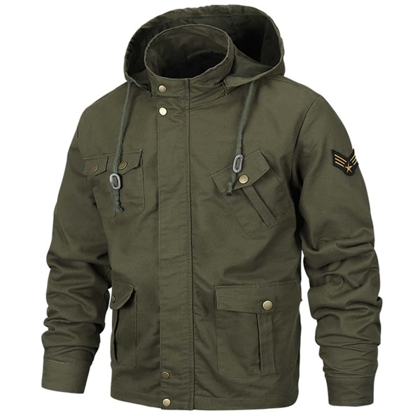 

Men Patched Flap Pocket Drawstring Hooded Jacket, Army green