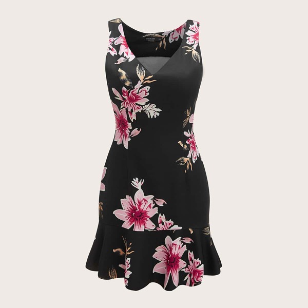 

Plus Flower Print Ruffle Hem Dress, Black