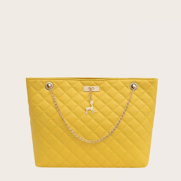 

Chain Strap Quilted Tote Bag, Yellow