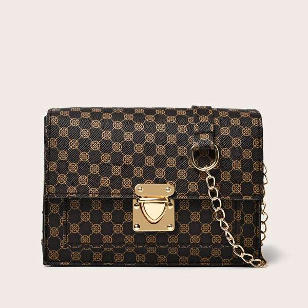 

Push Lock Graphic Chain Square Bag, Brown