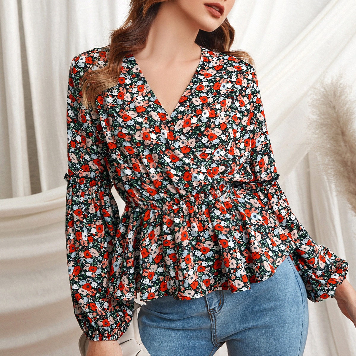 Image of Allover Floral Surplice Front Peplum Blouse