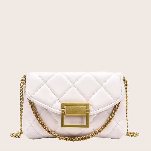 

Chain Strap Quilted Satchel Bag, Beige
