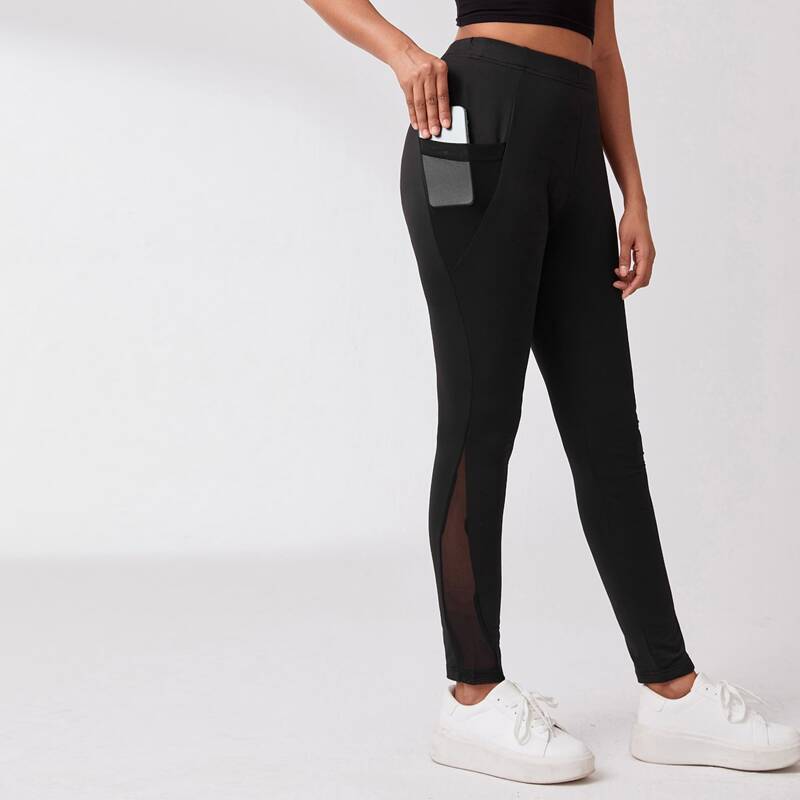 

Mesh Insert Solid Leggings, Black