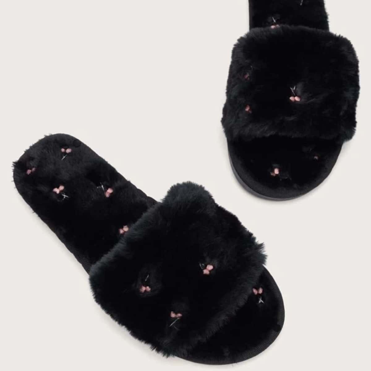

Cherry Embroidery Fluffy Slippers, Black