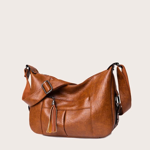 

Tassel Decor Zipper Crossbody Bag, Brown