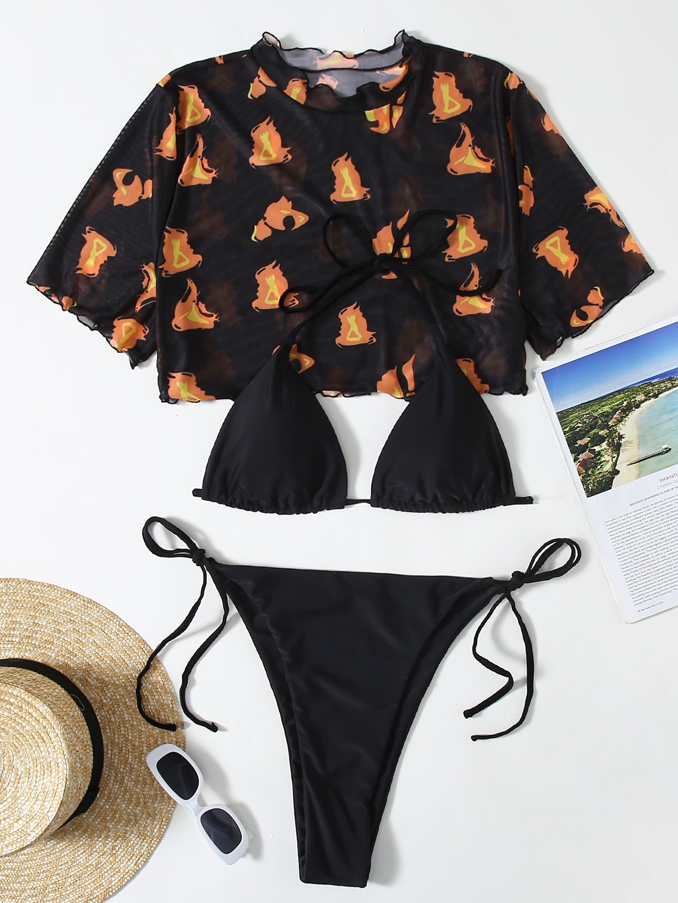 3pack Plus Triangle Bikini Swimsuit & Fire Print Top thumbnail