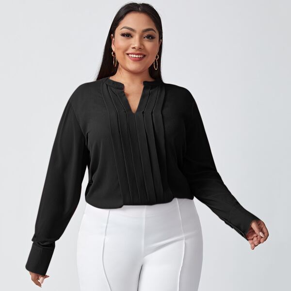 

Plus Solid Notched Neck Blouse, Black