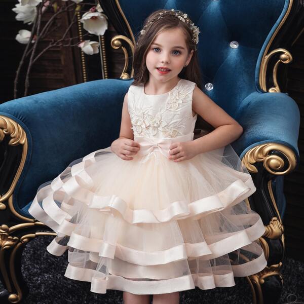 

Toddler Girls Appliques Layered Mesh Gown Dress, Beige