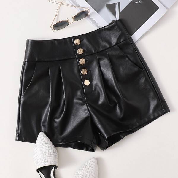 

Buttoned Front Fold Pleated Shorts, Black