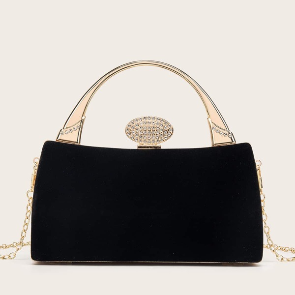 

Rhinestone Decor Velvet Chain Clutch Bag, Black