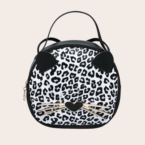 

Girls Leopard Print Cat Design Satchel Bag, Black and white