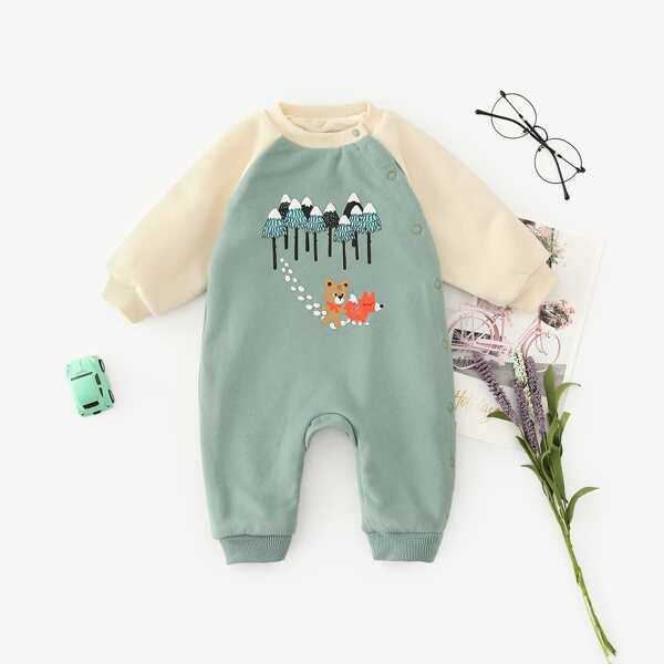 

Baby Boy Cartoon Graphic Thermal Lined Jumpsuit, Mint green
