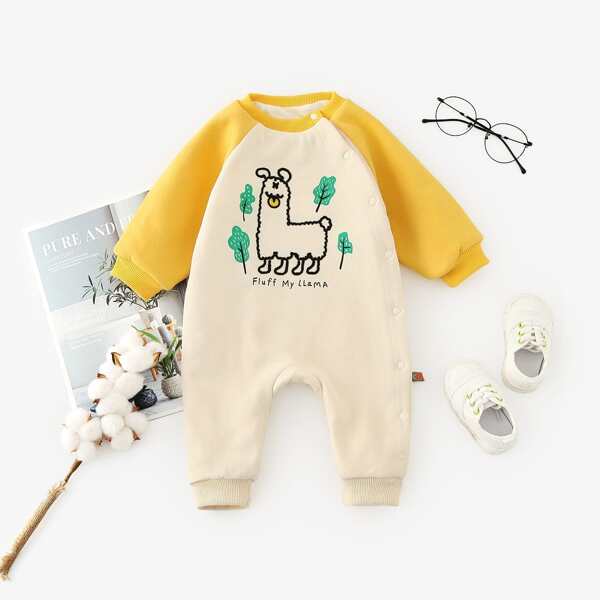 

Baby Boy Cartoon Graphic Thermal Lined Jumpsuit, Beige