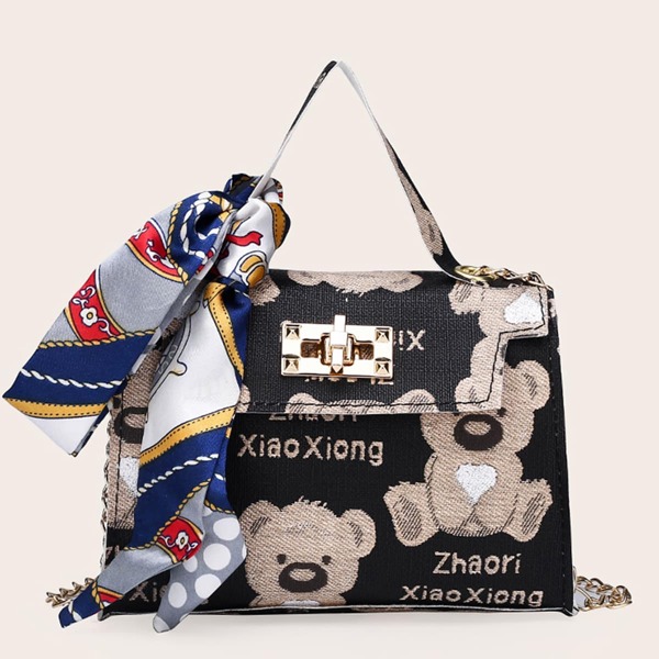 

Random Twilly Scarf Decor Bear Print Satchel Bag, Black