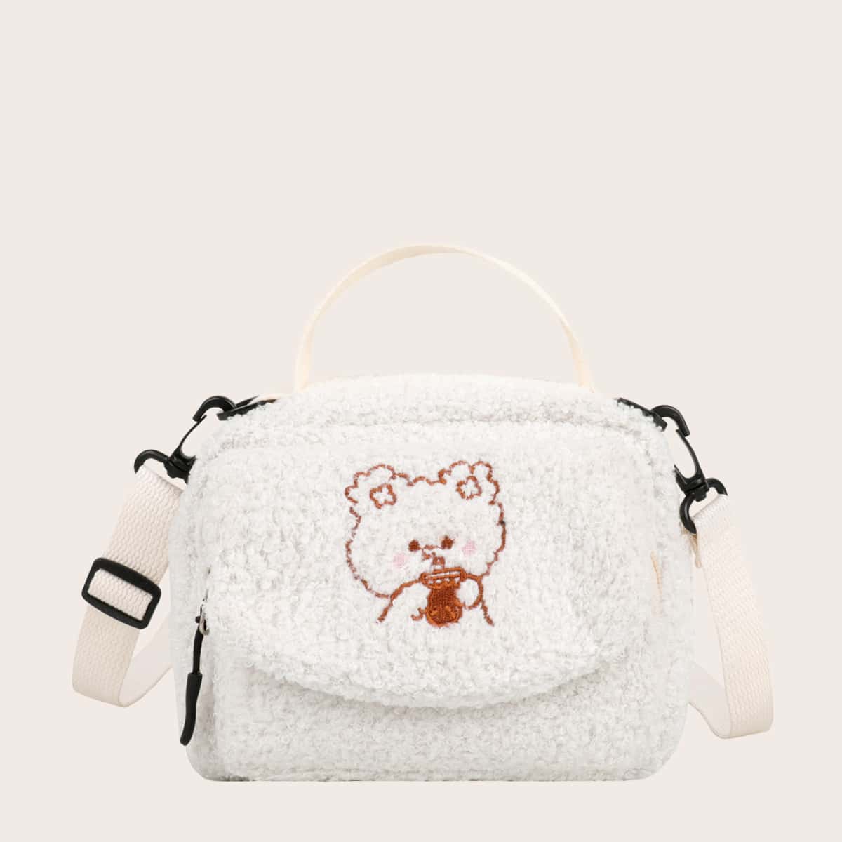 Image of Cartoon Embroidered Fluffy Satchel Bag