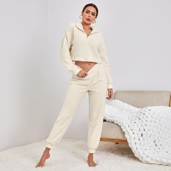 

Flannel Half Placket Sweatshirt With Pants Lounge Set, Beige