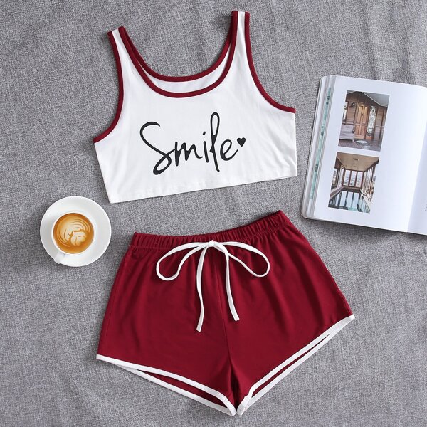

Letter Graphic Contrast Binding Knot PJ Set, Red and white