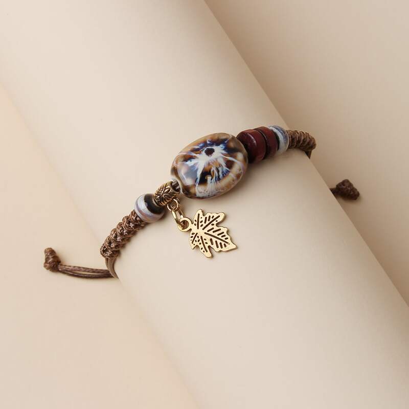 

Leaf Decor Braided Bracelet, Coffee brown