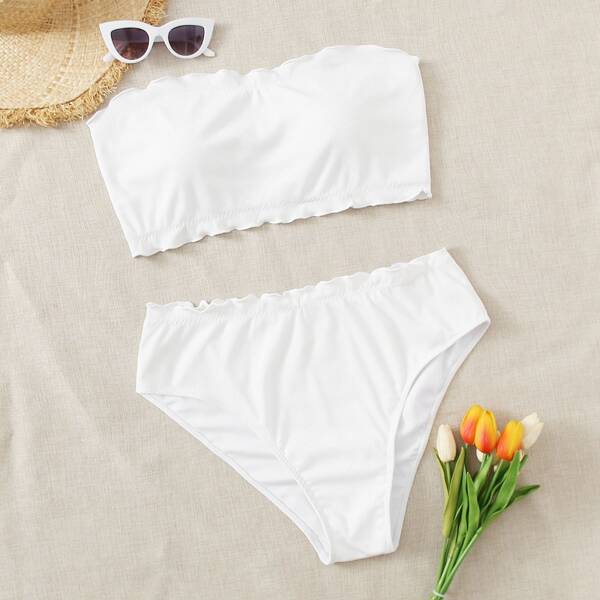 

Plus Ribbed Lettuce Trim Bandeau Bikini Swimsuit, White