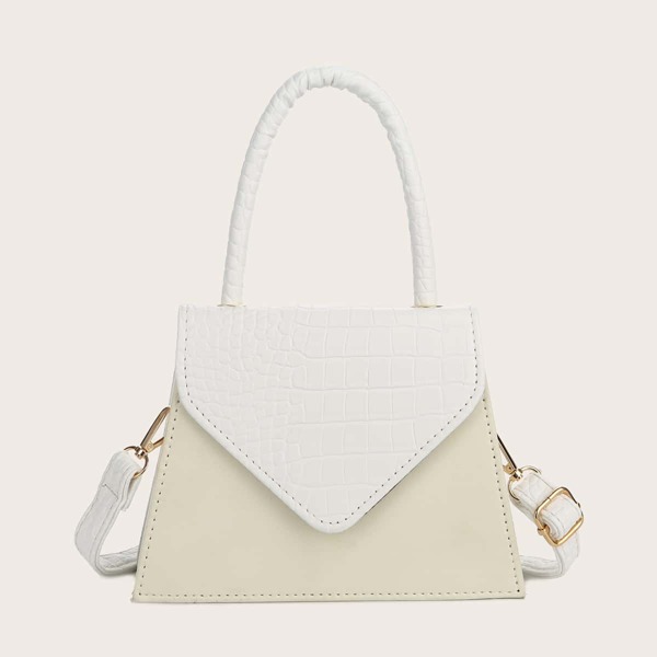 

Croc Embossed Flap Satchel Bag, Beige
