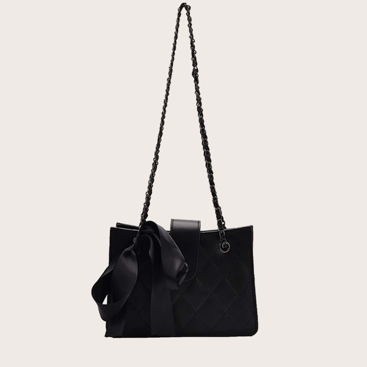 

Quilted Ribbon Decor Chain Bag, Black