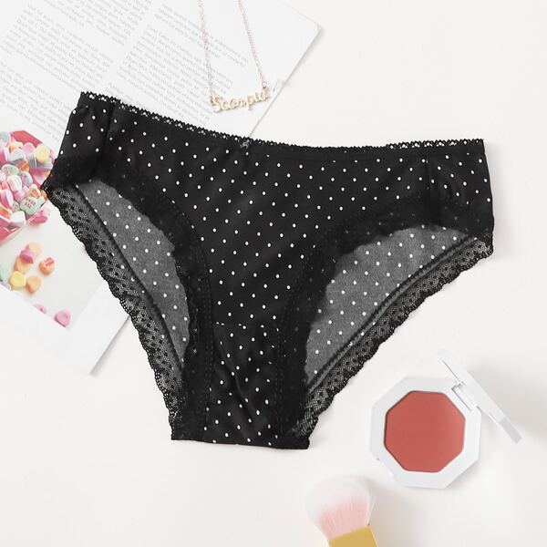 

Polka Dot Lace Trim Panty, Black
