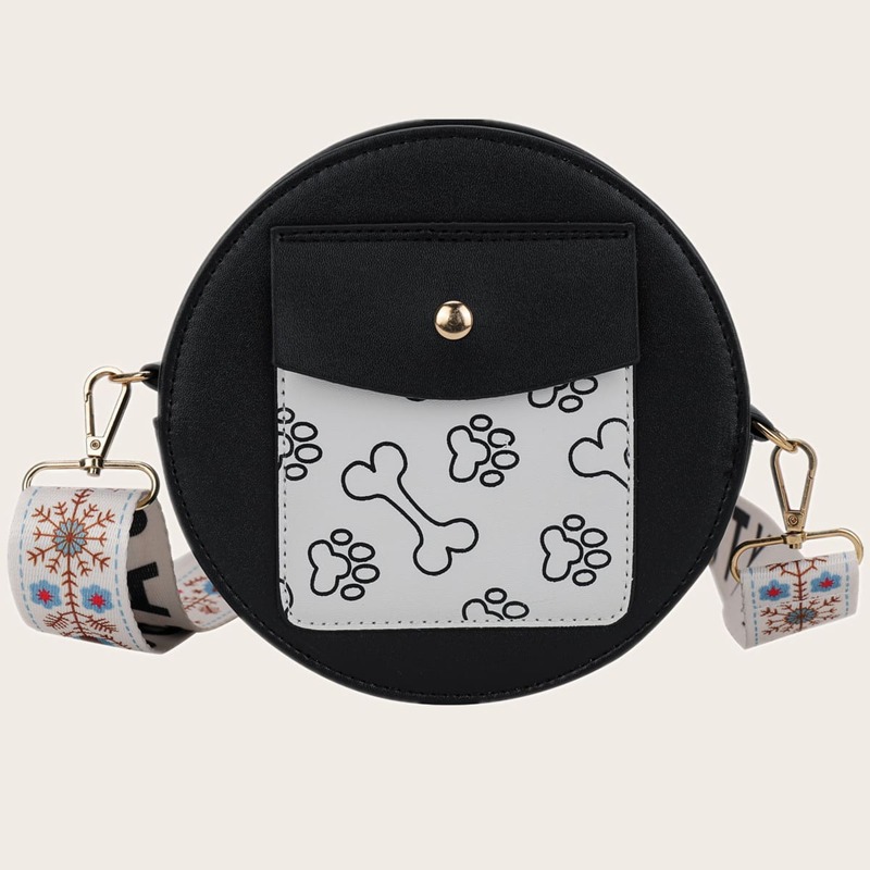 

Cartoon Paw Print Floral Strap Crossbody Bag, Black
