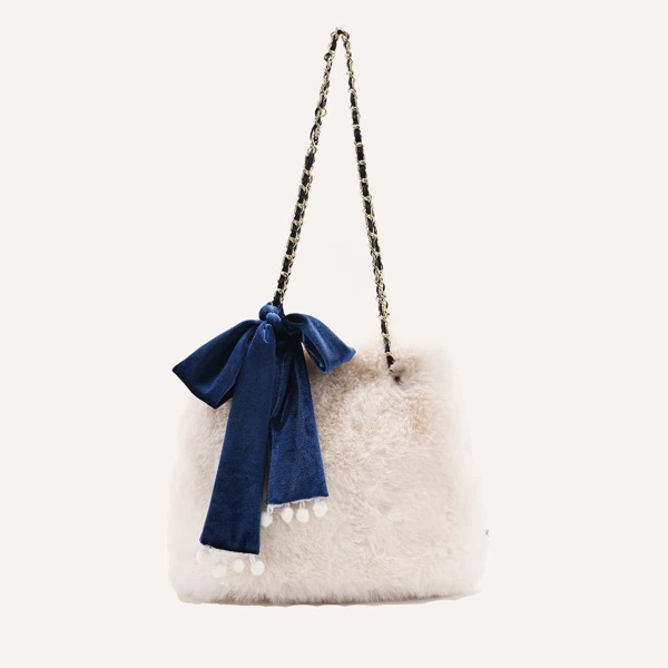 

Chain Strap Fluffy Shoulder Bag, Beige
