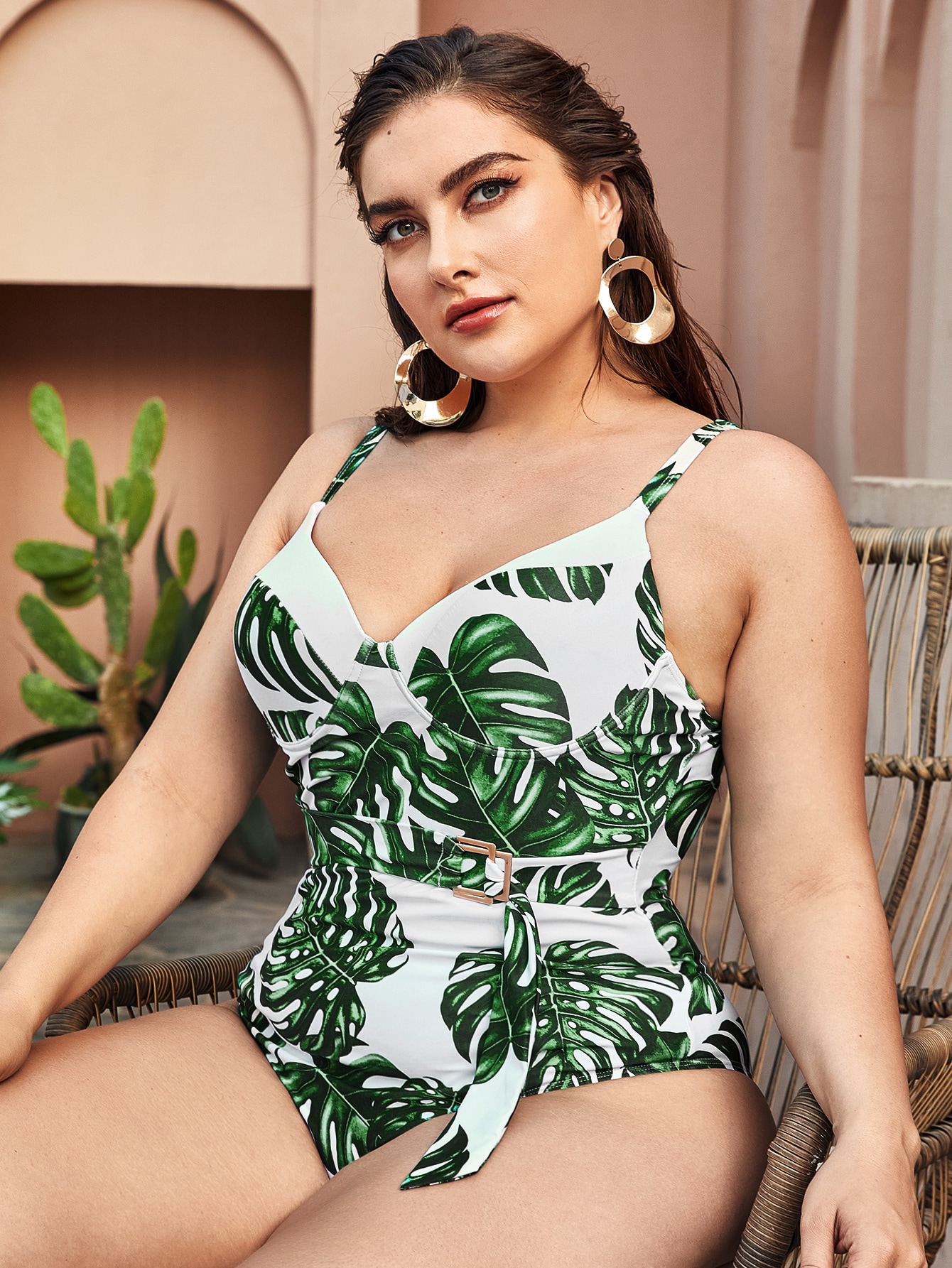 Plus Tropical Buckle Belted One Piece Swimsuit thumbnail