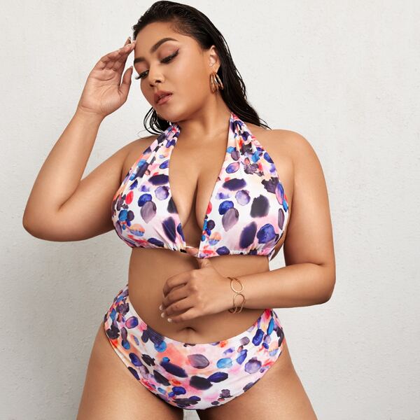 

Plus Allover Graphic Halter Bikini Swimsuit, Multicolor