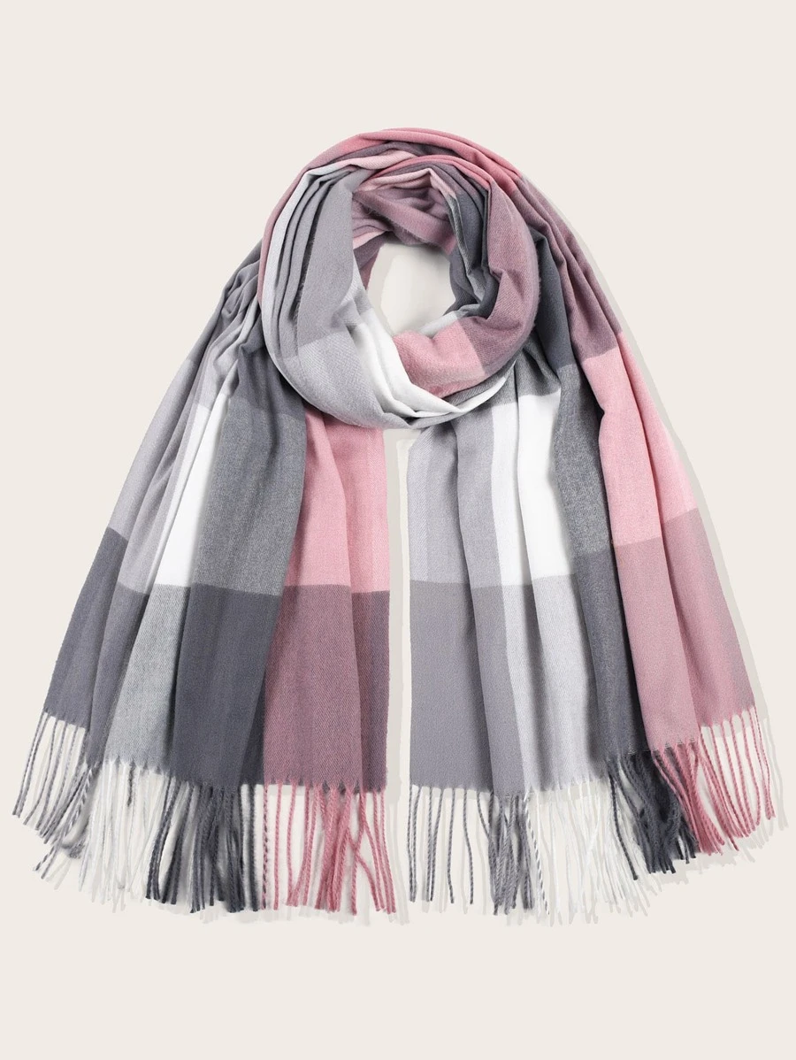 1pc Plaid Fringe Hem Scarf Casual Fashionable Pink Gray all-match soft and comfortable for daily use - Multicolor - View 1