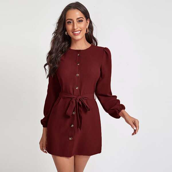 

Puff Sleeve Button Front Self Tie Fitted Dress, Burgundy