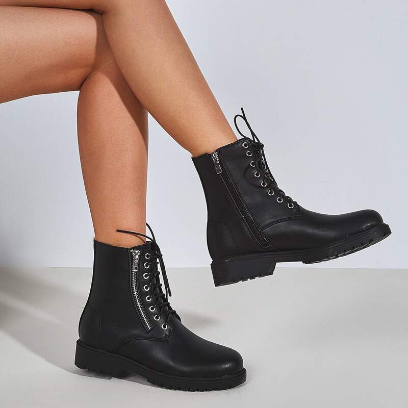 

Lace-up Front Zipper Side Combat Boots, Black