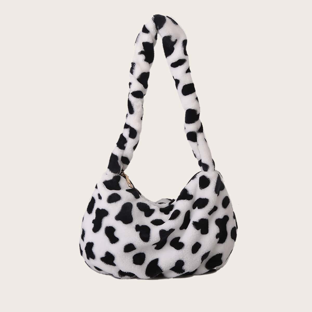 

Cow Print Fluffy Shoulder Bag, Black and white