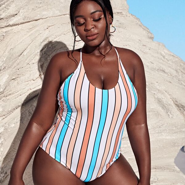 

Слитный купальник размера плюс в полоску, Многоцветный