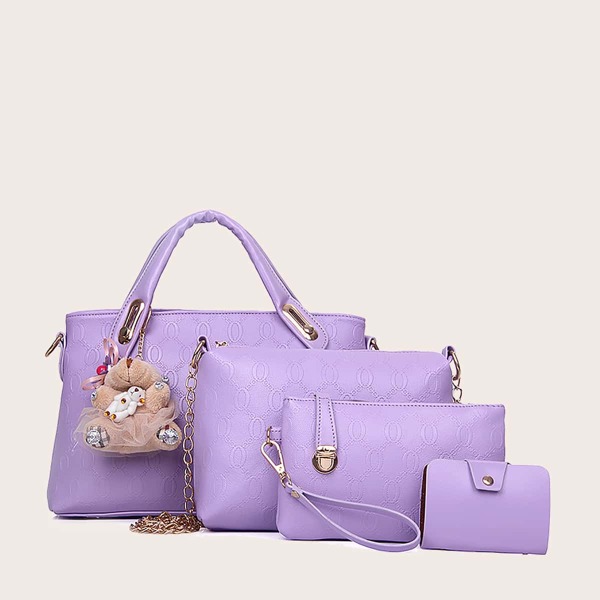 

4pcs Cartoon Bear Charm Tote Bag Set, Purple