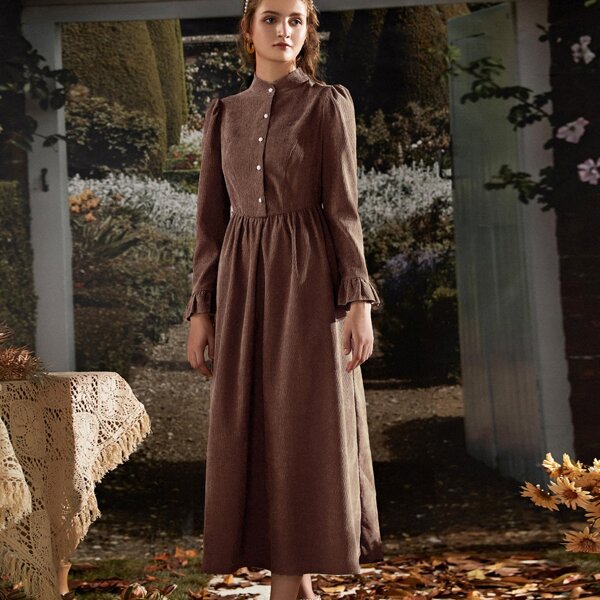 

Corduroy Flounce Sleeve Shirt Dress, Coffee brown