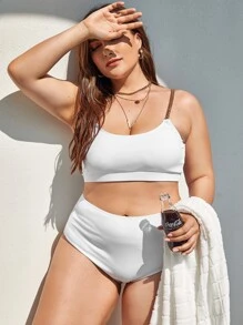 Plus Size Rib Chain Strap High Waisted Bikini Set Summer Beach
