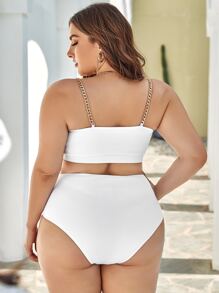 Plus Size Rib Chain Strap High Waisted Bikini Set Summer Beach