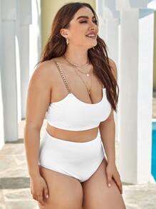 Plus Size Rib Chain Strap High Waisted Bikini Set Summer Beach