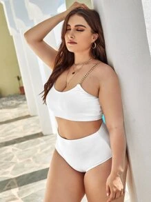 Plus Size Rib Chain Strap High Waisted Bikini Set Summer Beach