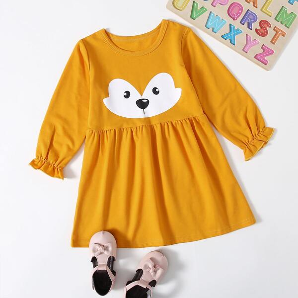 

Toddler Girls Flounce Sleeve Cartoon Graphic Dress, Mustard yellow