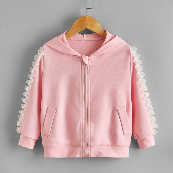

Toddler Girls Ruffle Trim Zip Up Hooded Jacket, Baby pink