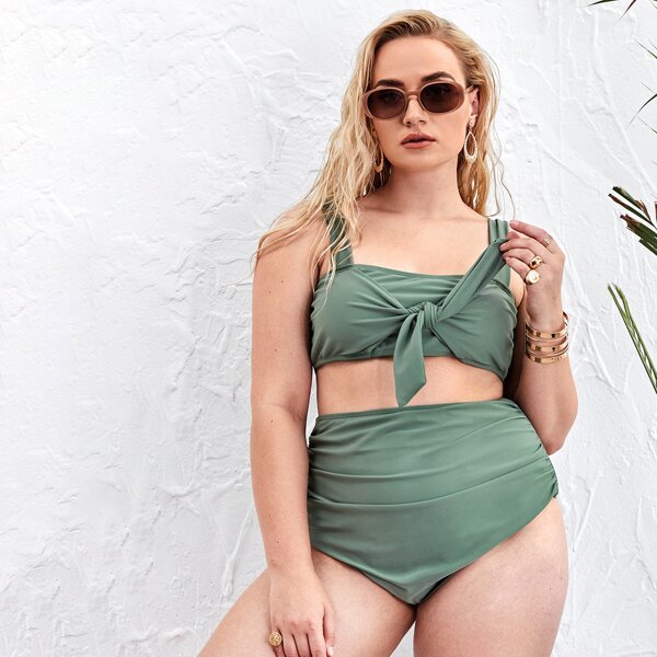 

Plus Knot Front Ruched High Waisted Bikini Swimsuit, Dark green