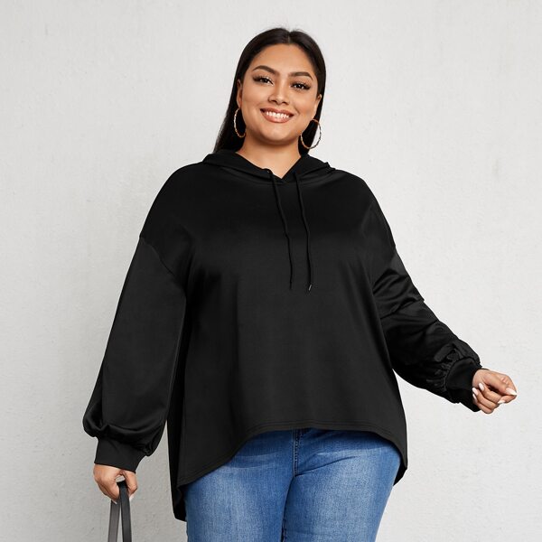 

Plus Solid Drawstring High Low Hoodie, Black