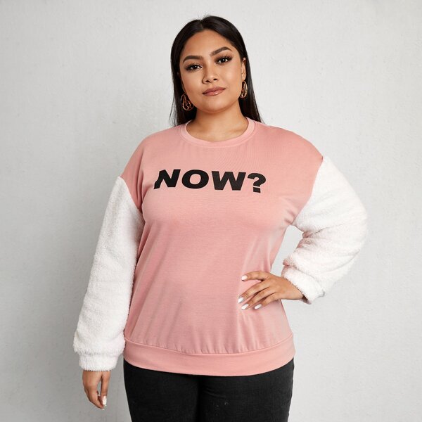 

Plus Contrast Teddy Sleeve Letter Graphic Sweatshirt, Coral pink