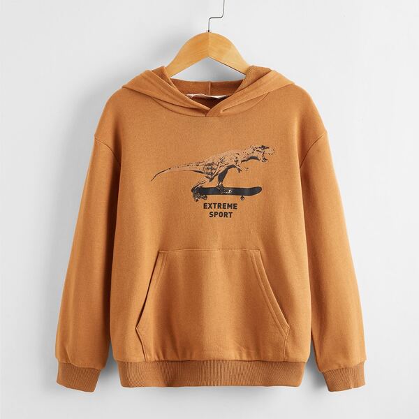 

Boys Dinosaur and Letter Graphic Pouch Pocket Hoodie, Brown