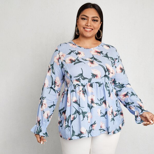 

Plus Floral Print Babydoll Blouse, Baby blue