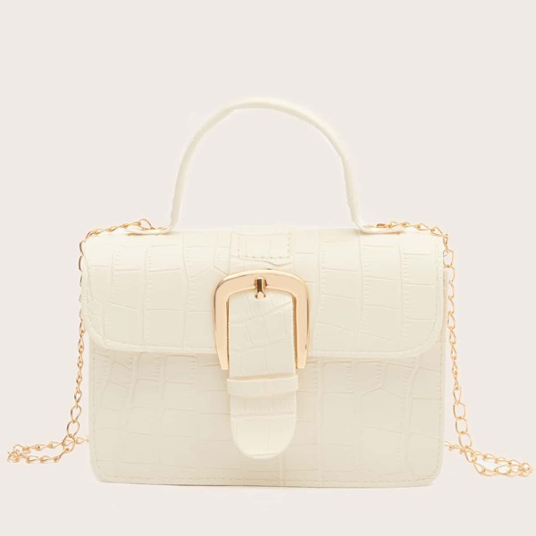 

Buckle Decor Flap Satchel Bag, Beige